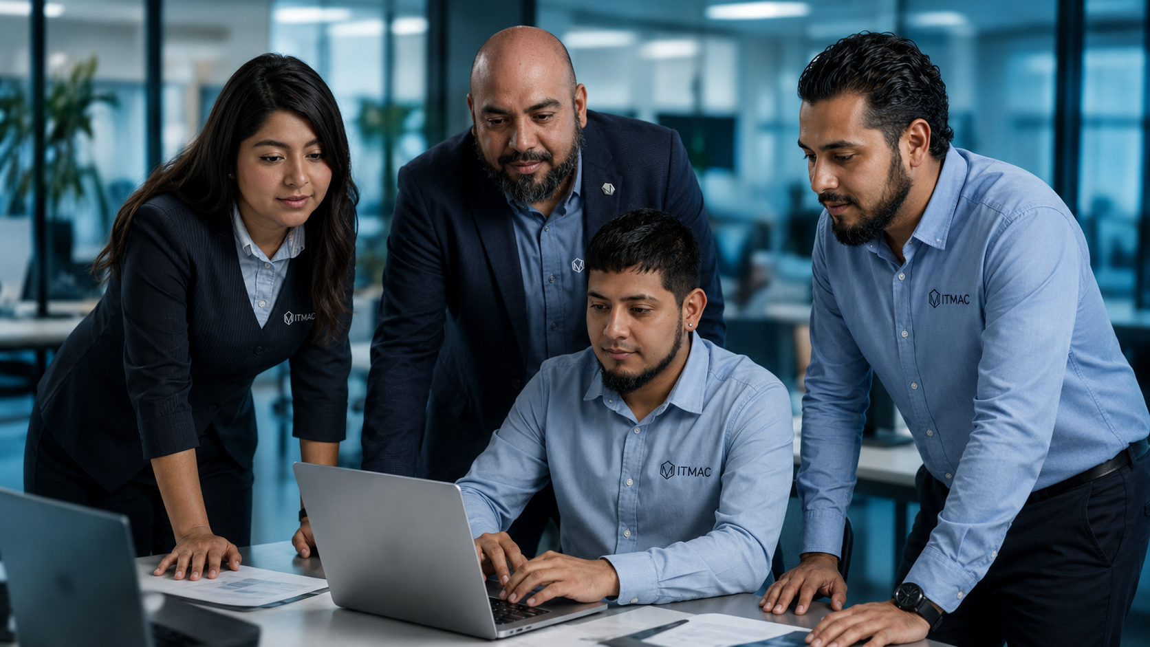 Equipo de IT-MAC colaborando alrededor de una computadora